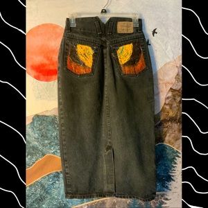 Black Levi’s High-Waisted Denim Skirt | Hand-Painted Retro Jean Pencil Skirt